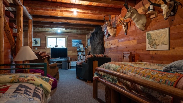 bedroom featuring wood ceiling, wooden walls, carpet, and beamed ceiling