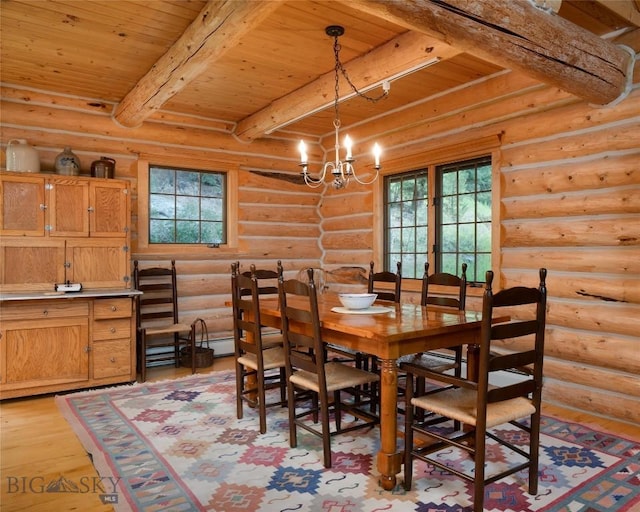 dining room featuring wood ceiling, a notable chandelier, beam ceiling, and light wood-type flooring