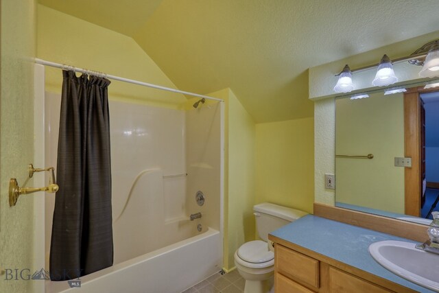 full bathroom with vaulted ceiling, shower / bath combo with shower curtain, tile patterned flooring, toilet, and vanity