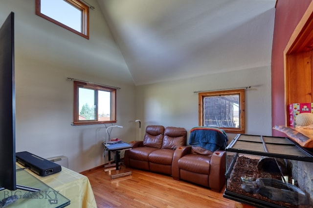 living room featuring light hardwood / wood-style flooring and vaulted ceiling