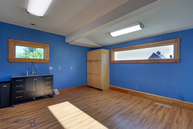 interior space featuring sink, dark wood-type flooring, and beam ceiling