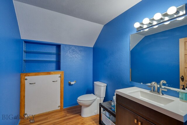 bathroom featuring vaulted ceiling, vanity, hardwood / wood-style flooring, and toilet