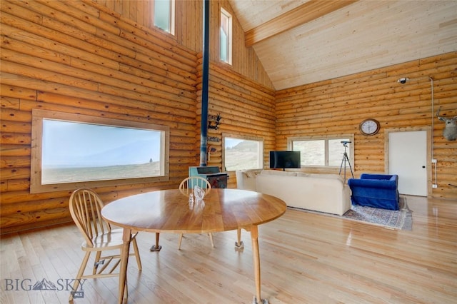 224 Slide Rock Rd, Cameron, MT 59720 - dining space with wood ceiling, a wood stove, hardwood / wood-style flooring, high vaulted ceiling, and rustic walls