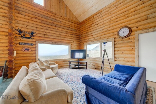 224 Slide Rock Rd, Cameron, MT 59720 - living area featuring high vaulted ceiling, rustic walls, and wooden ceiling