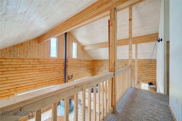 224 Slide Rock Rd, Cameron, MT 59720 - corridor with wood ceiling, an upstairs landing, rustic walls, and high vaulted ceiling