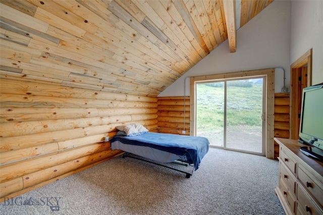 224 Slide Rock Rd, Cameron, MT 59720 - carpeted bedroom with rustic walls, lofted ceiling, wooden ceiling, and access to exterior