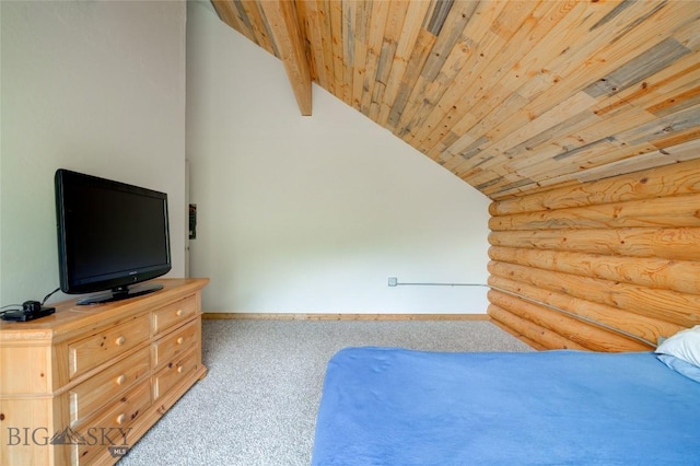 224 Slide Rock Rd, Cameron, MT 59720 - unfurnished bedroom with log walls, carpet, baseboards, vaulted ceiling with beams, and wood ceiling