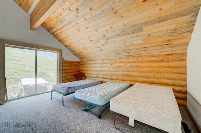 224 Slide Rock Rd, Cameron, MT 59720 - bedroom featuring carpet flooring, access to exterior, wooden ceiling, vaulted ceiling with beams, and log walls