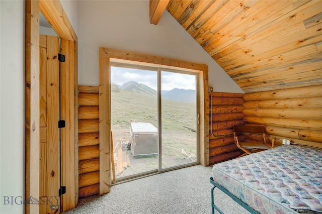 224 Slide Rock Rd, Cameron, MT 59720 - bedroom featuring vaulted ceiling with beams, log walls, a mountain view, and access to exterior