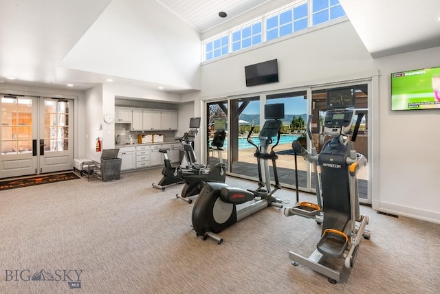 exercise room featuring light carpet, french doors, and a healthy amount of sunlight