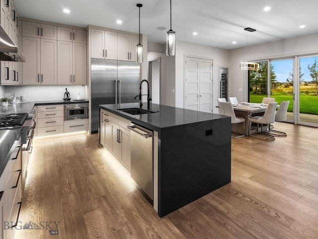 20 Bold Driver Ln, Bozeman, MT 59718 - kitchen featuring a sink, stainless steel appliances, dark countertops, light wood-style floors, and recessed lighting