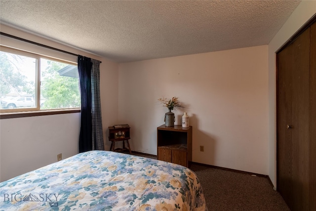 bedroom featuring carpet flooring, a textured ceiling, and a closet