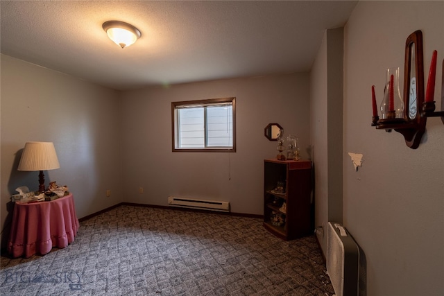 carpeted bedroom featuring a baseboard heating unit, a textured ceiling, and radiator heating unit