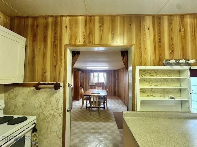 kitchen with white range with electric stovetop and wooden walls