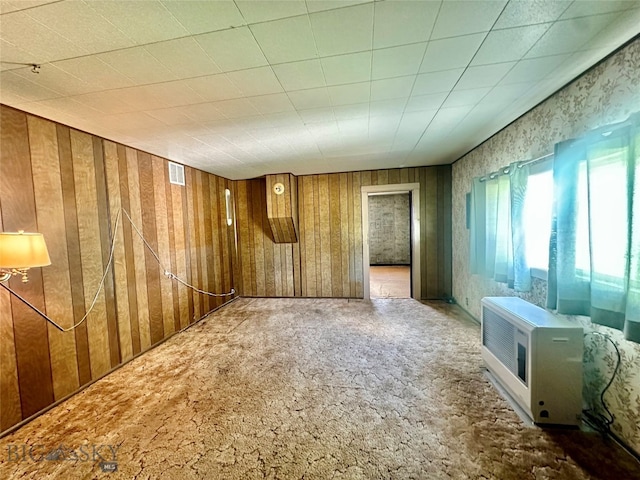 carpeted empty room with wood walls and heating unit