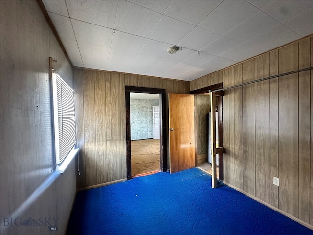 spare room featuring wooden walls and carpet