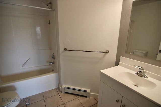 bathroom with a baseboard radiator, toilet, shower / bath combination, vanity, and tile patterned floors