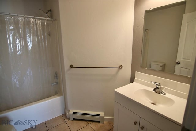 bathroom featuring a baseboard radiator, shower / bath combo, vanity, and tile patterned floors