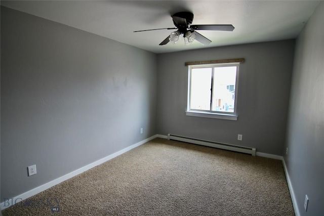 spare room featuring ceiling fan, carpet, baseboards, and baseboard heating