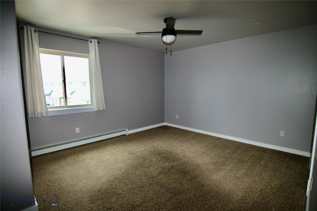 carpeted empty room featuring a ceiling fan, a baseboard radiator, and baseboards