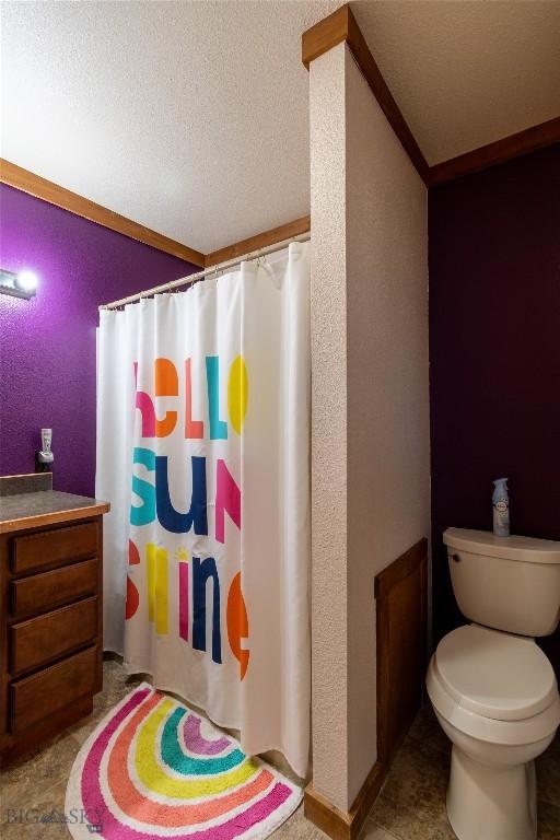 bathroom with toilet, vanity, a textured ceiling, and walk in shower