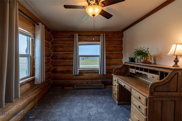 office featuring ceiling fan, dark colored carpet, a baseboard radiator, and log walls