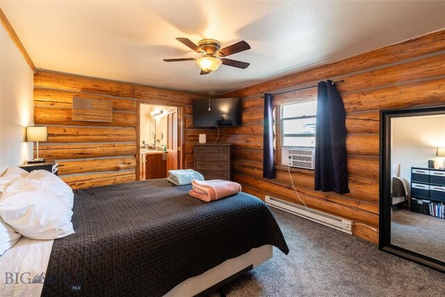 carpeted bedroom with cooling unit, ceiling fan, and a baseboard radiator