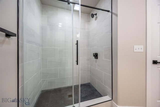 bathroom featuring a shower with shower door