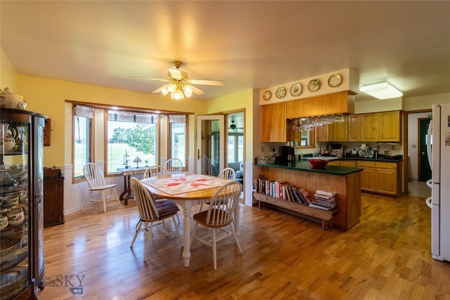 dining space with ceiling fan and wood-type flooring