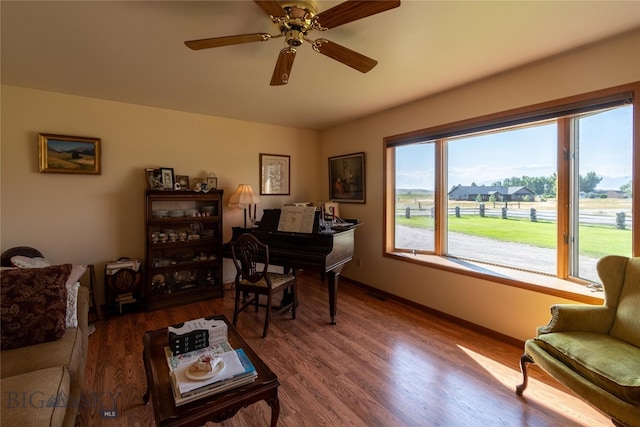 office space with ceiling fan and wood-type flooring