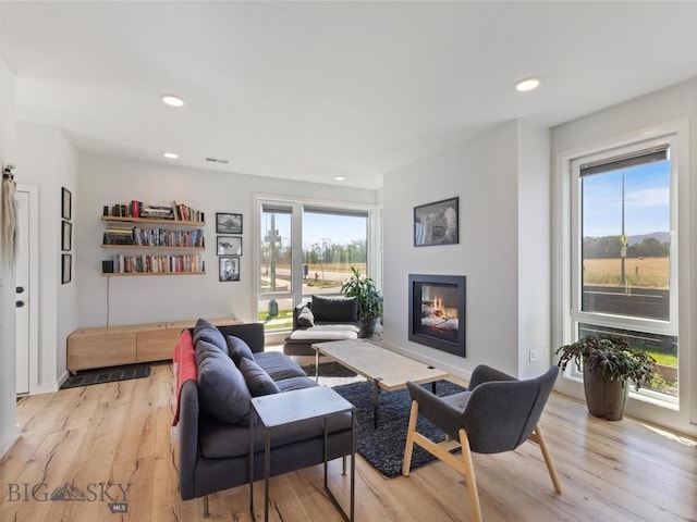 living room featuring light wood-style flooring, a healthy amount of sunlight, a glass covered fireplace, and recessed lighting