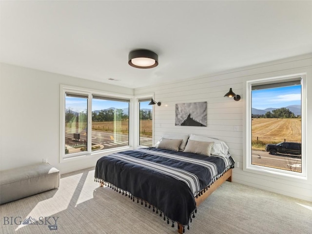 bedroom featuring light carpet