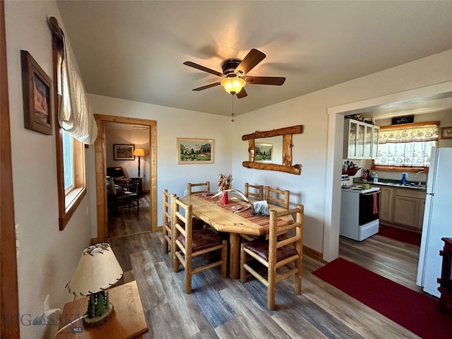 dining area featuring ceiling fan and dark hardwood / wood-style floors