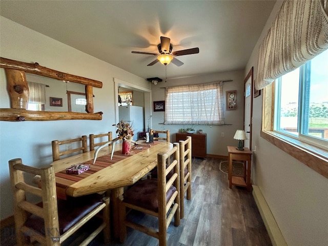 dining area with ceiling fan and dark wood-type flooring