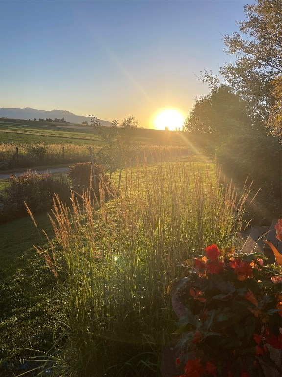 yard at dusk with a mountain view and a rural view