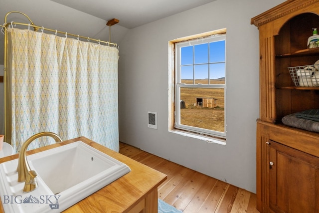 bathroom with a shower with shower curtain, vanity, and wood-type flooring