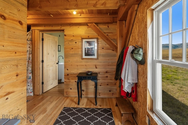 interior space with hardwood / wood-style floors, beam ceiling, plenty of natural light, and wood walls