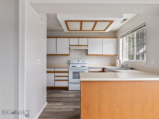 kitchen with wood-type flooring, white cabinets, white electric range, sink, and kitchen peninsula