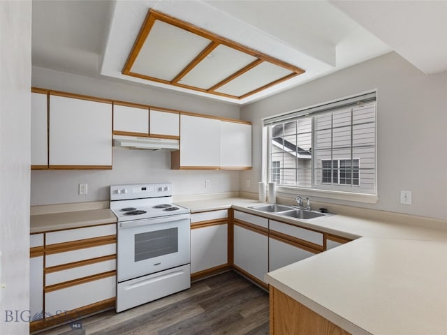 kitchen with sink, electric range, dark wood-type flooring, and white cabinets