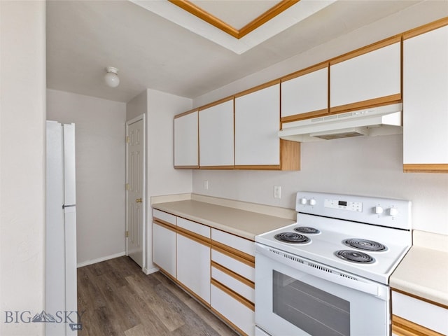 kitchen with white cabinetry, dark hardwood / wood-style floors, and white appliances