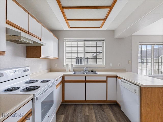 kitchen with dark hardwood / wood-style floors, white cabinets, sink, kitchen peninsula, and white appliances