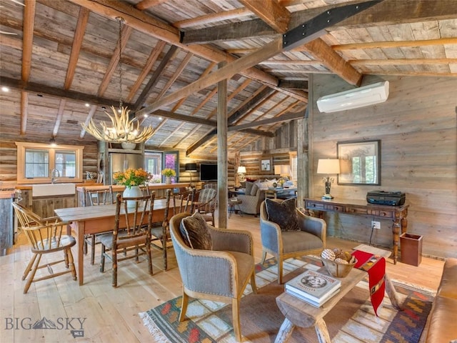 dining room with wood ceiling, wood-type flooring, a wall mounted air conditioner, an inviting chandelier, and wood walls