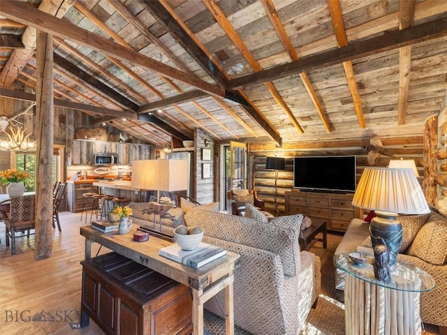 living area with wooden ceiling, vaulted ceiling with beams, log walls, and light wood finished floors