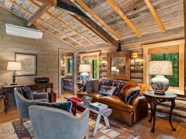 living area with lofted ceiling with beams, wood ceiling, hardwood / wood-style floors, and a wall mounted AC