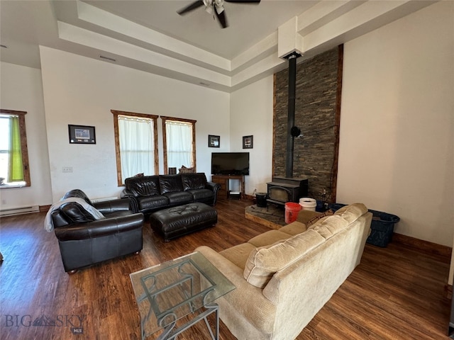 living room featuring a raised ceiling, dark hardwood / wood-style floors, a wood stove, and a baseboard radiator