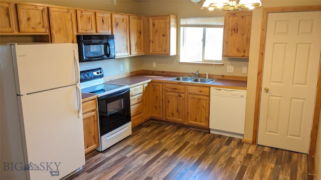 kitchen with dark wood-type flooring, white appliances, a chandelier, and sink