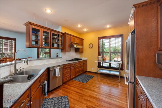 kitchen with tasteful backsplash, sink, light hardwood / wood-style flooring, and appliances with stainless steel finishes