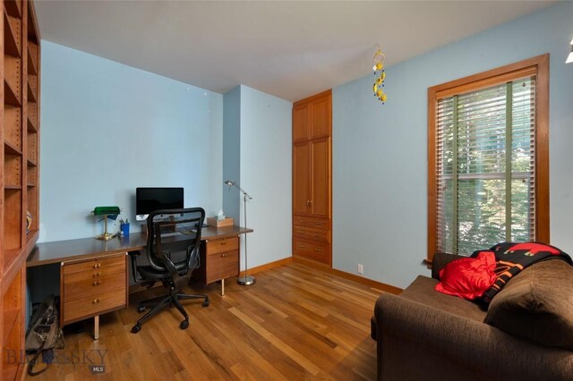 home office with light hardwood / wood-style flooring