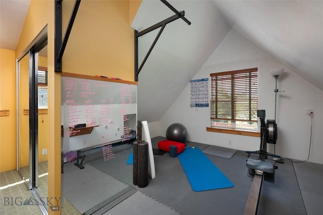 exercise area featuring vaulted ceiling