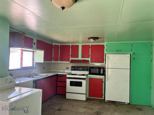 kitchen featuring red cabinetry, white appliances, a sink, light countertops, and washer / clothes dryer